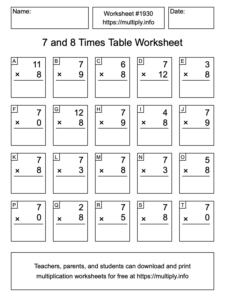 7 and 8 Times Table Worksheet #1930