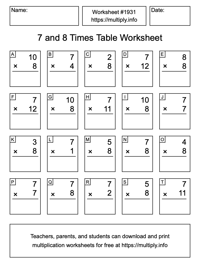 7 and 8 Times Table Worksheet #1931
