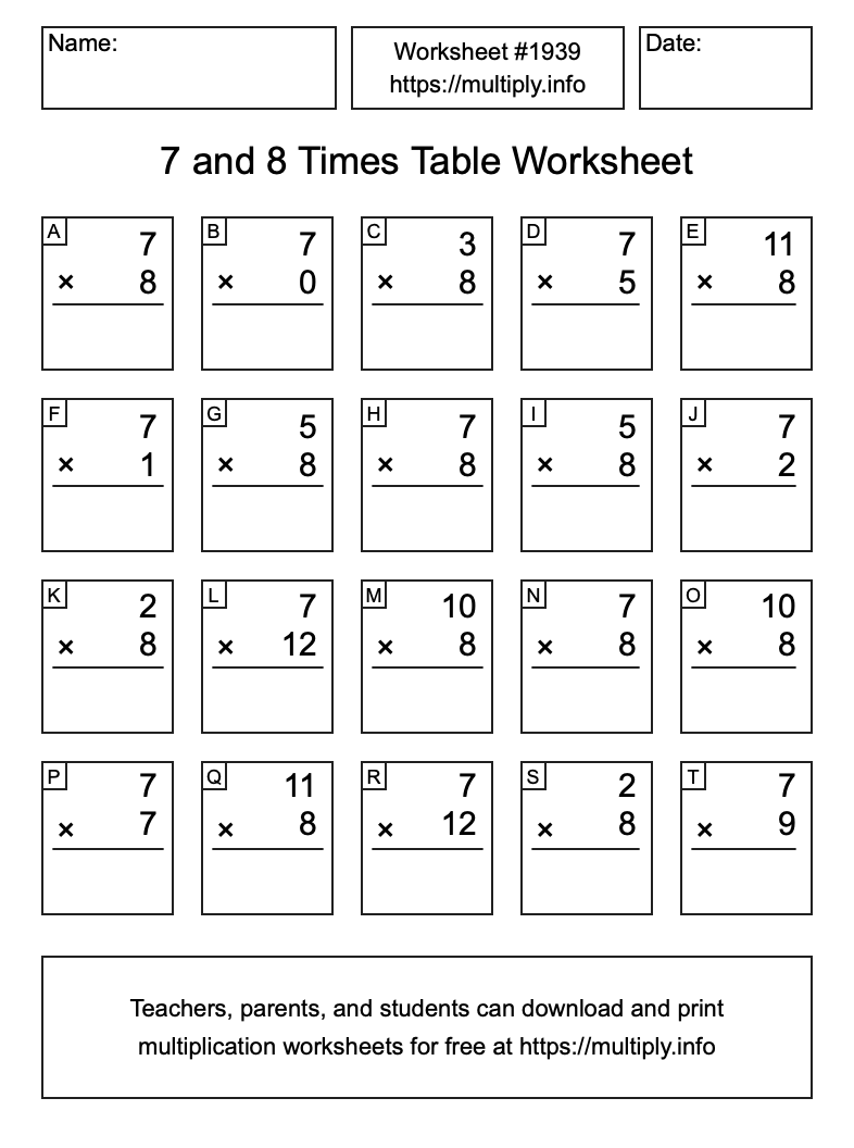 7 and 8 Times Table Worksheet #1939