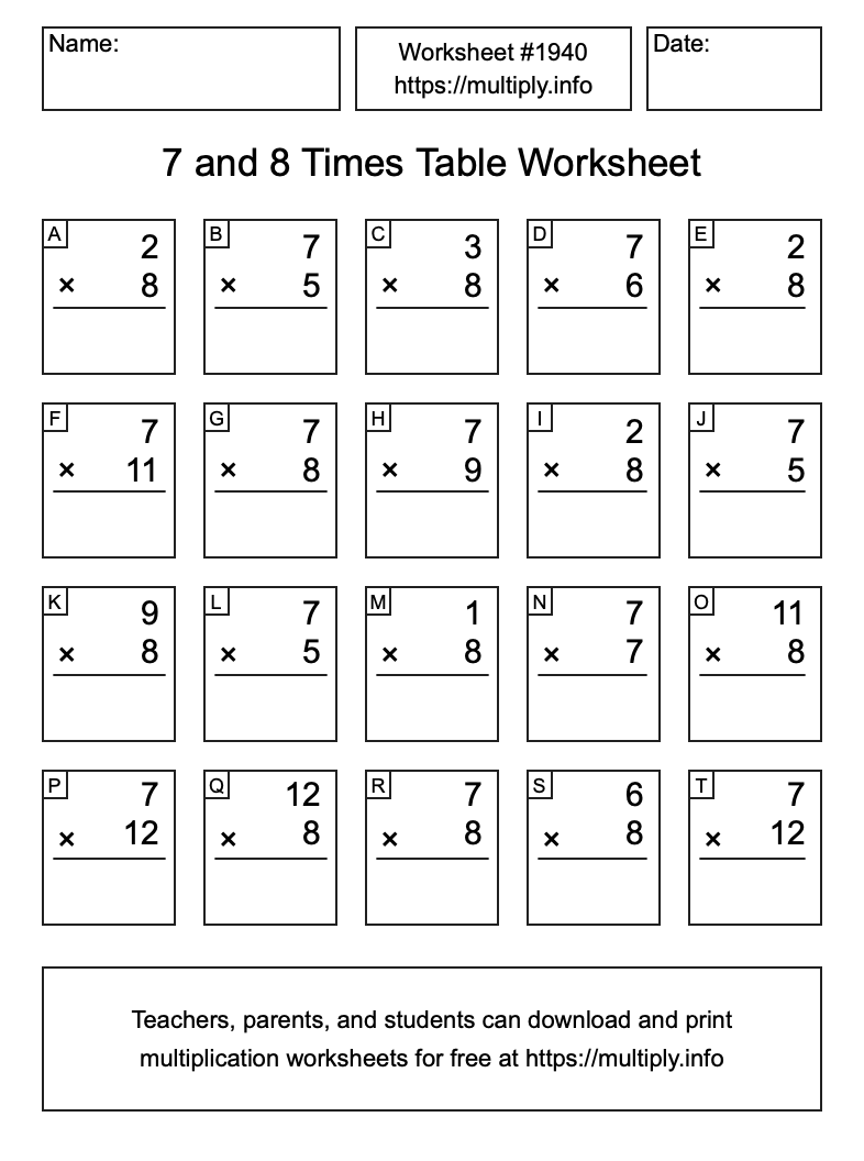 7 and 8 Times Table Worksheet #1940