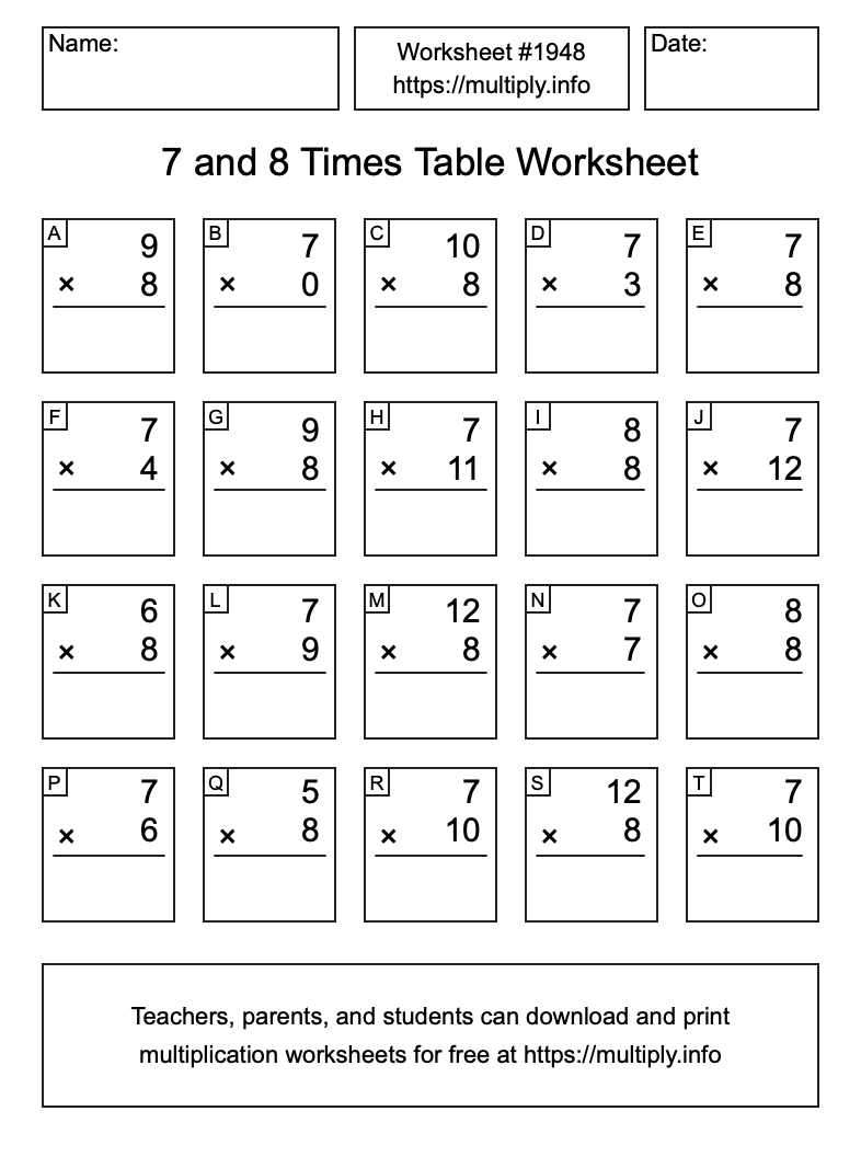 7 and 8 Times Table Worksheet #1948