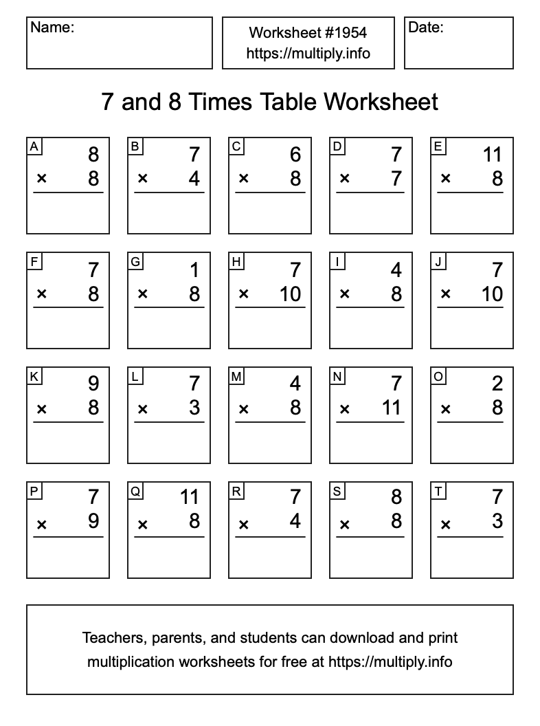 7 and 8 Times Table Worksheet #1954