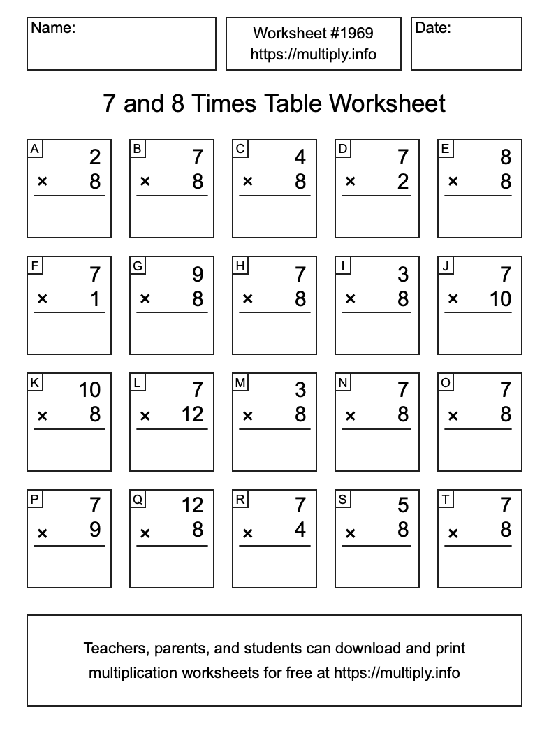 7 and 8 Times Table Worksheet #1969