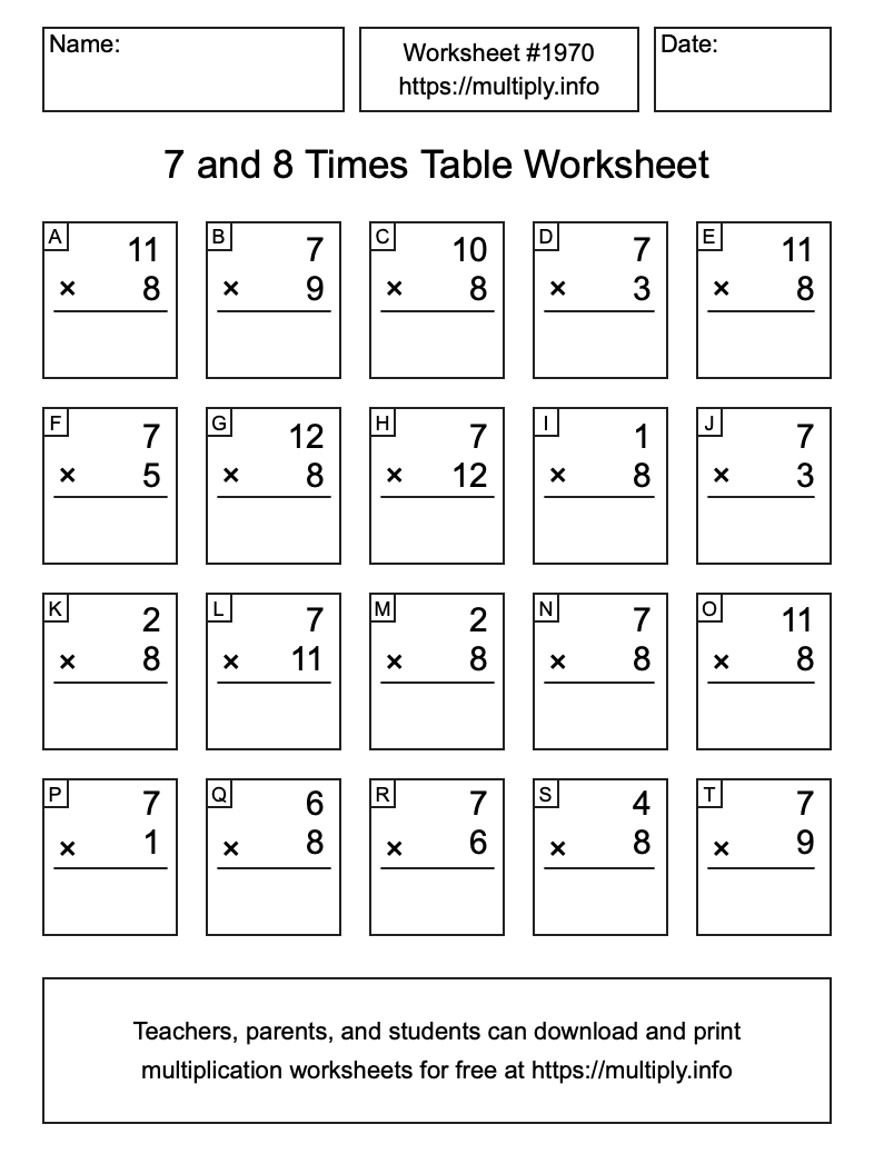 7 and 8 Times Table Worksheet #1970