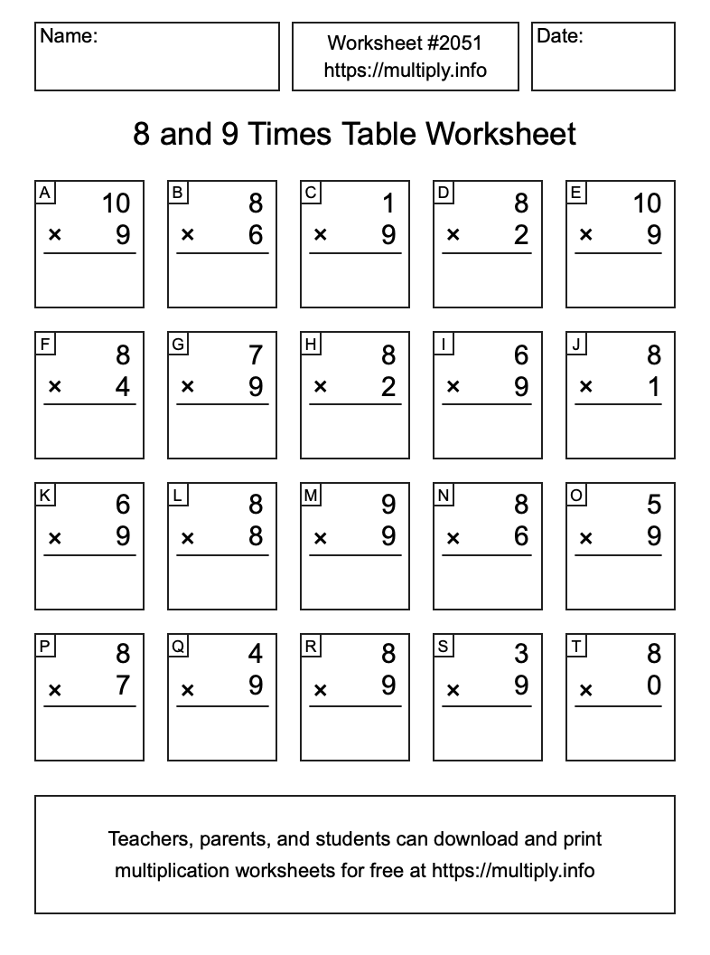 8 and 9 Times Table Worksheet #2051