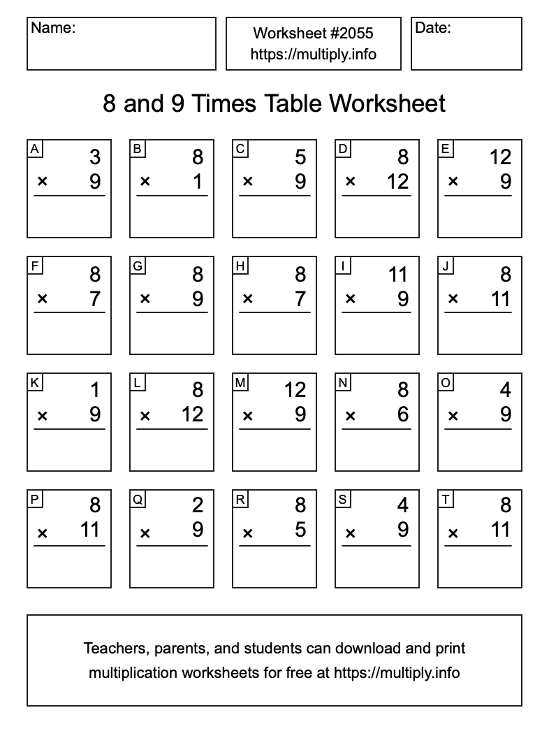 8 and 9 Times Table Worksheet #2055