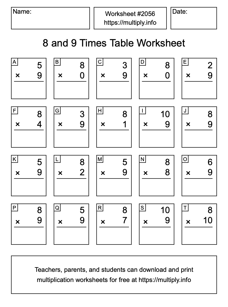 8 and 9 Times Table Worksheet #2056