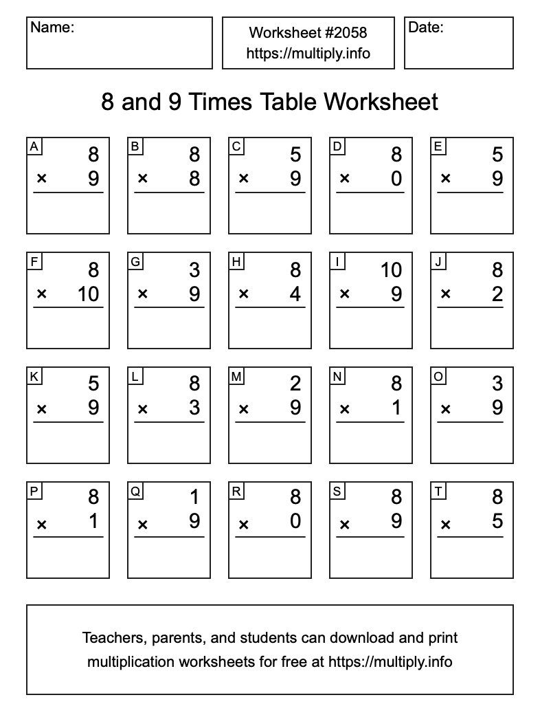 8 and 9 Times Table Worksheet #2058