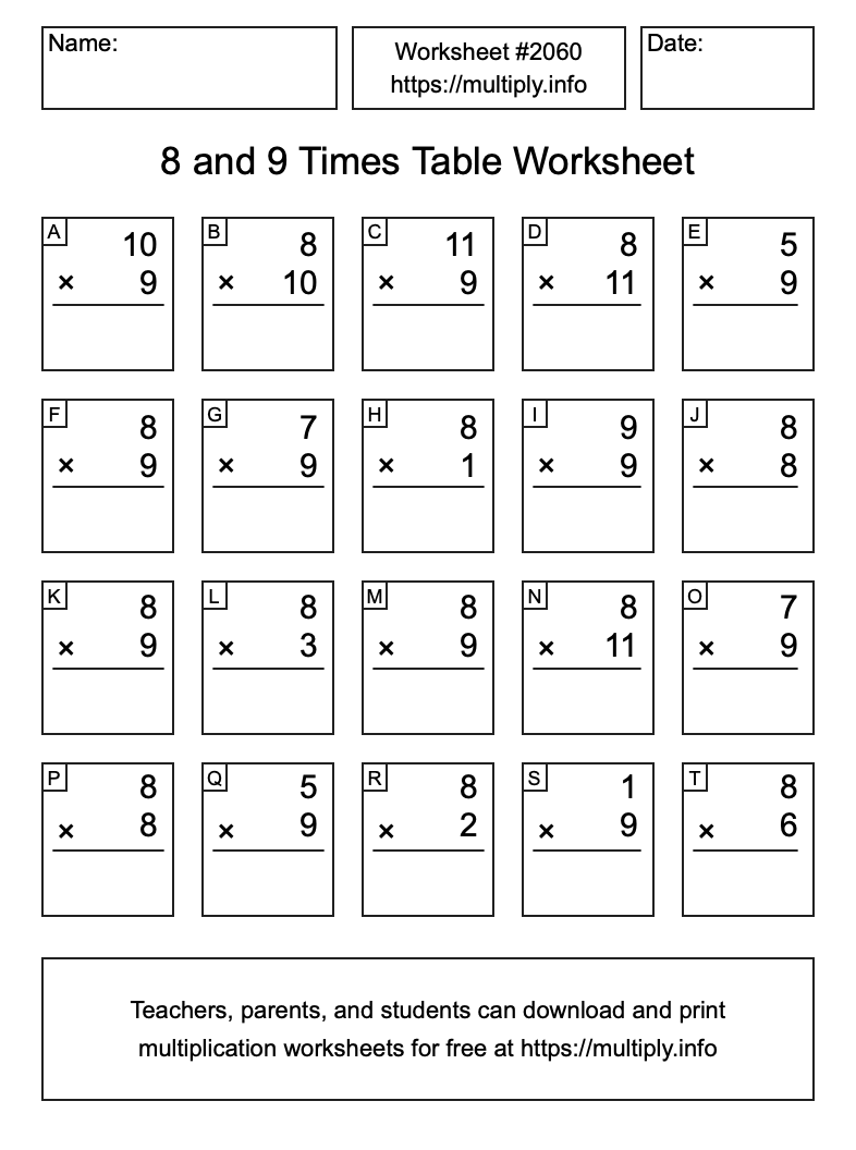 8 and 9 Times Table Worksheet #2060