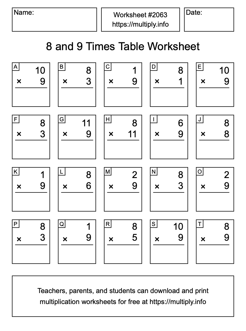 8 and 9 Times Table Worksheet #2063