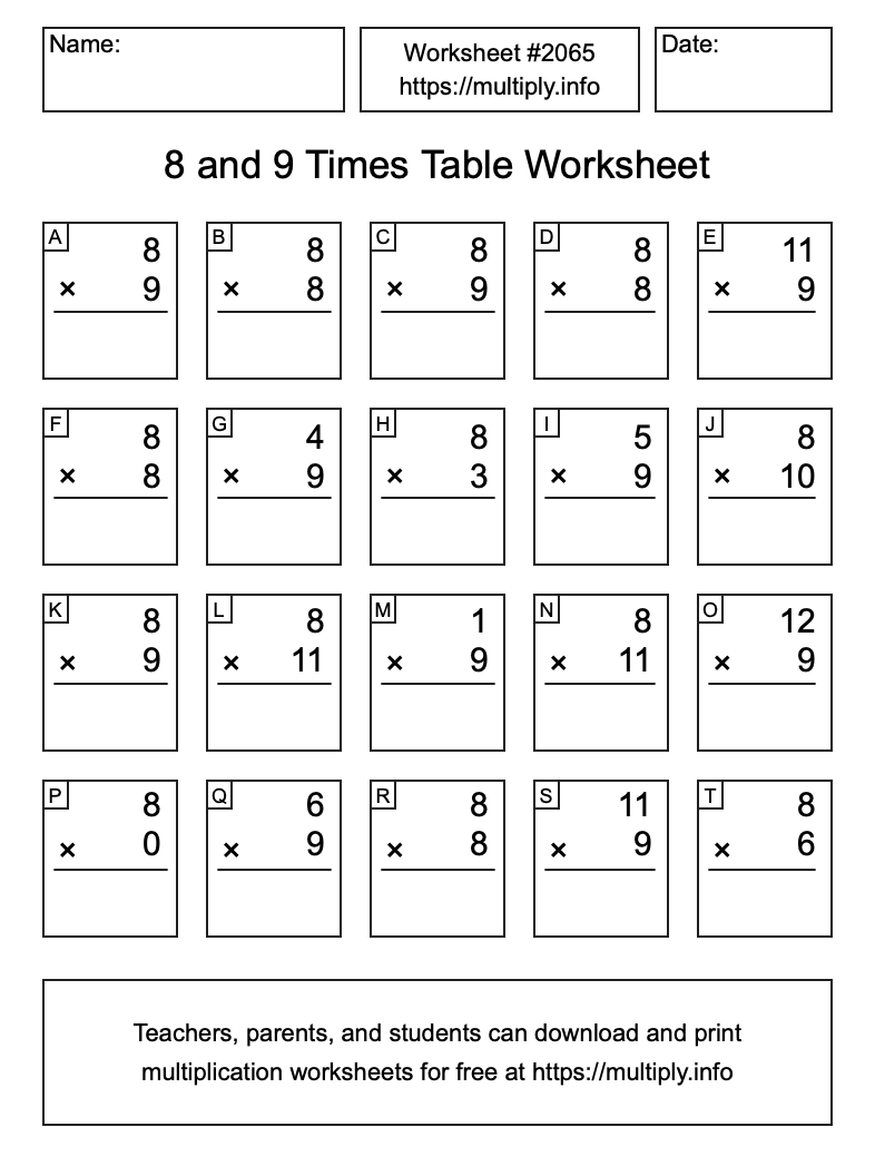 8 and 9 Times Table Worksheet #2065