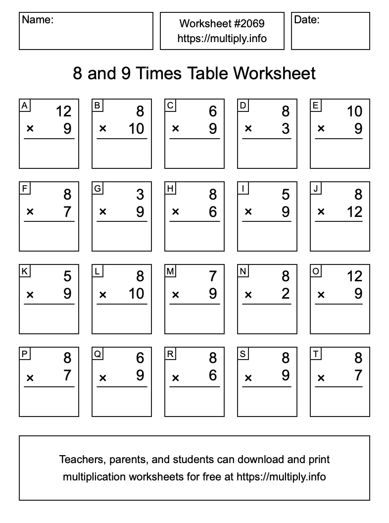 8 and 9 Times Table Worksheet #2069