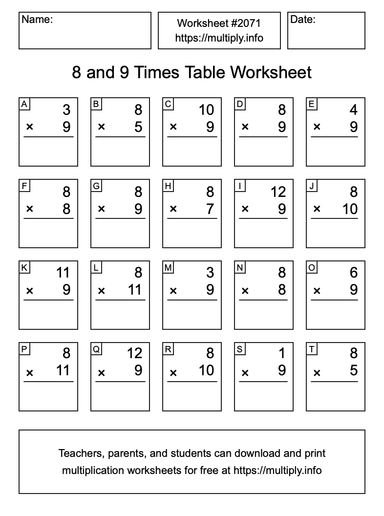 8 and 9 Times Table Worksheet #2071