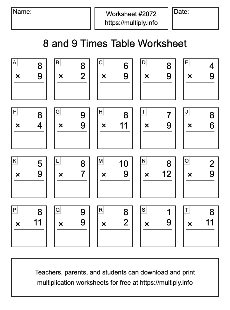 8 and 9 Times Table Worksheet #2072