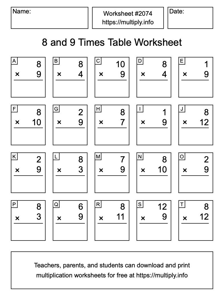 8 and 9 Times Table Worksheet #2074