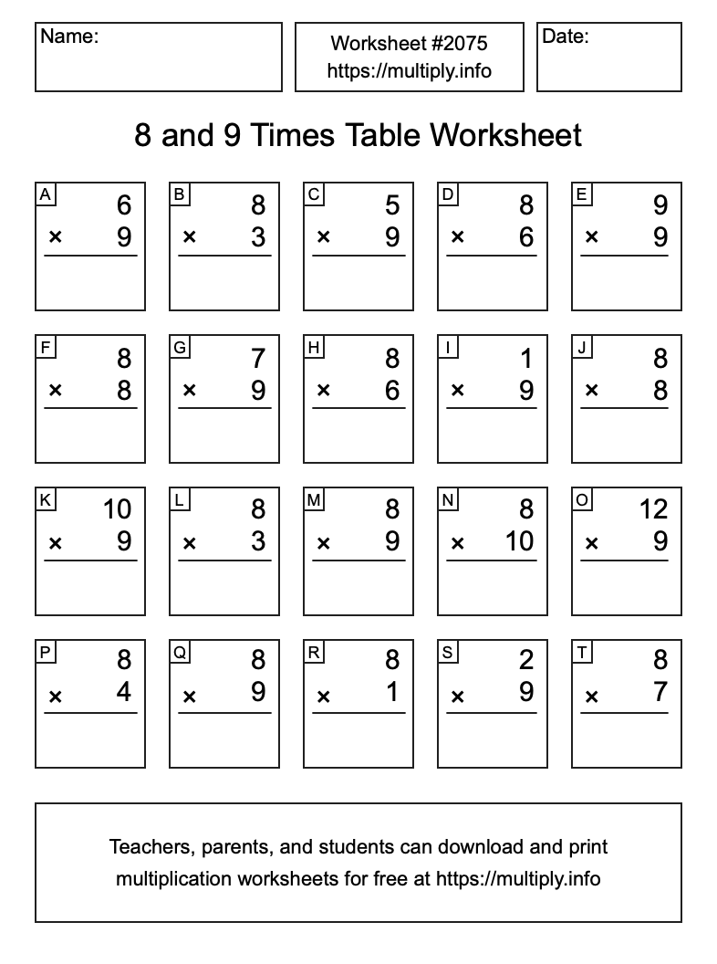 8 and 9 Times Table Worksheet #2075