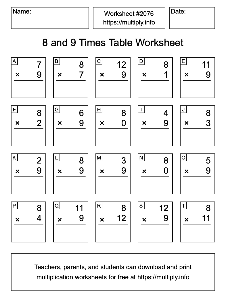 8 and 9 Times Table Worksheet #2076