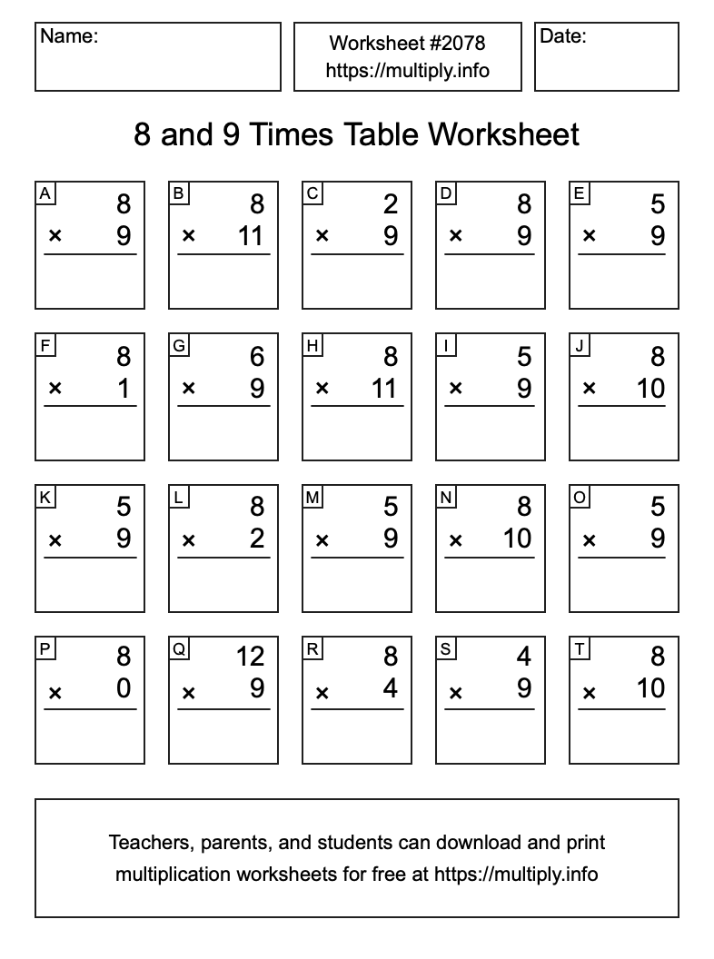 8 and 9 Times Table Worksheet #2078