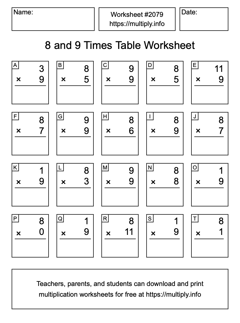 8 and 9 Times Table Worksheet #2079