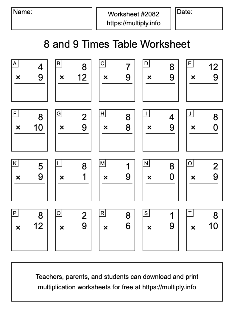 8 and 9 Times Table Worksheet #2082