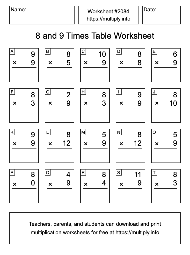 8 and 9 Times Table Worksheet #2084