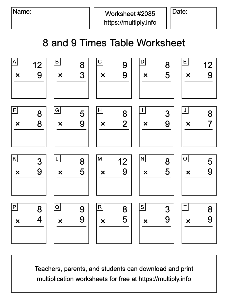 8 and 9 Times Table Worksheet #2085