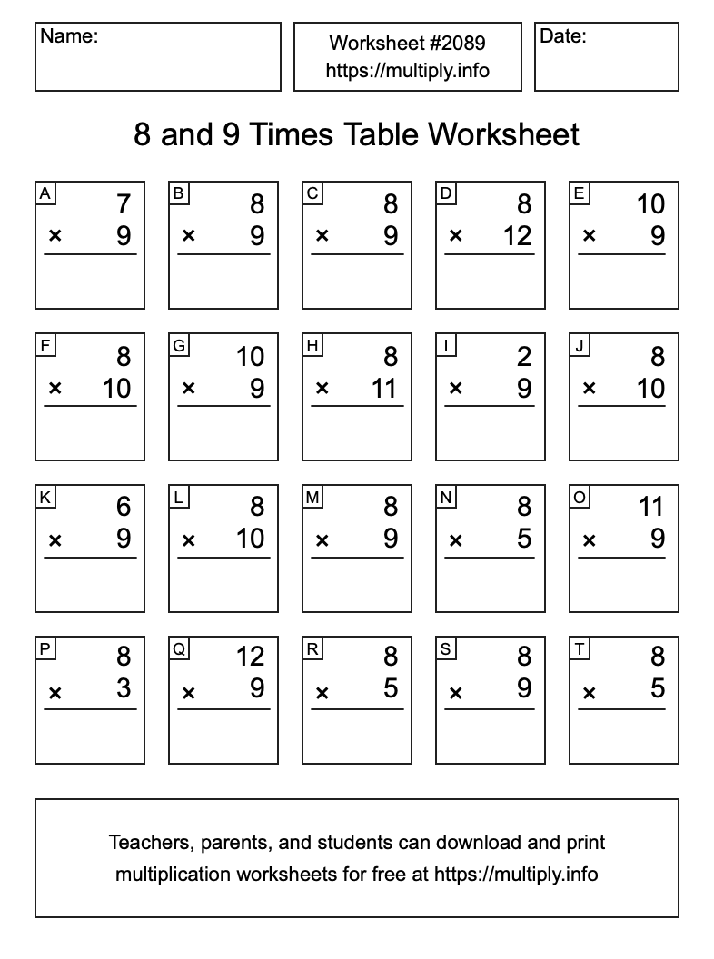 8 and 9 Times Table Worksheet #2089