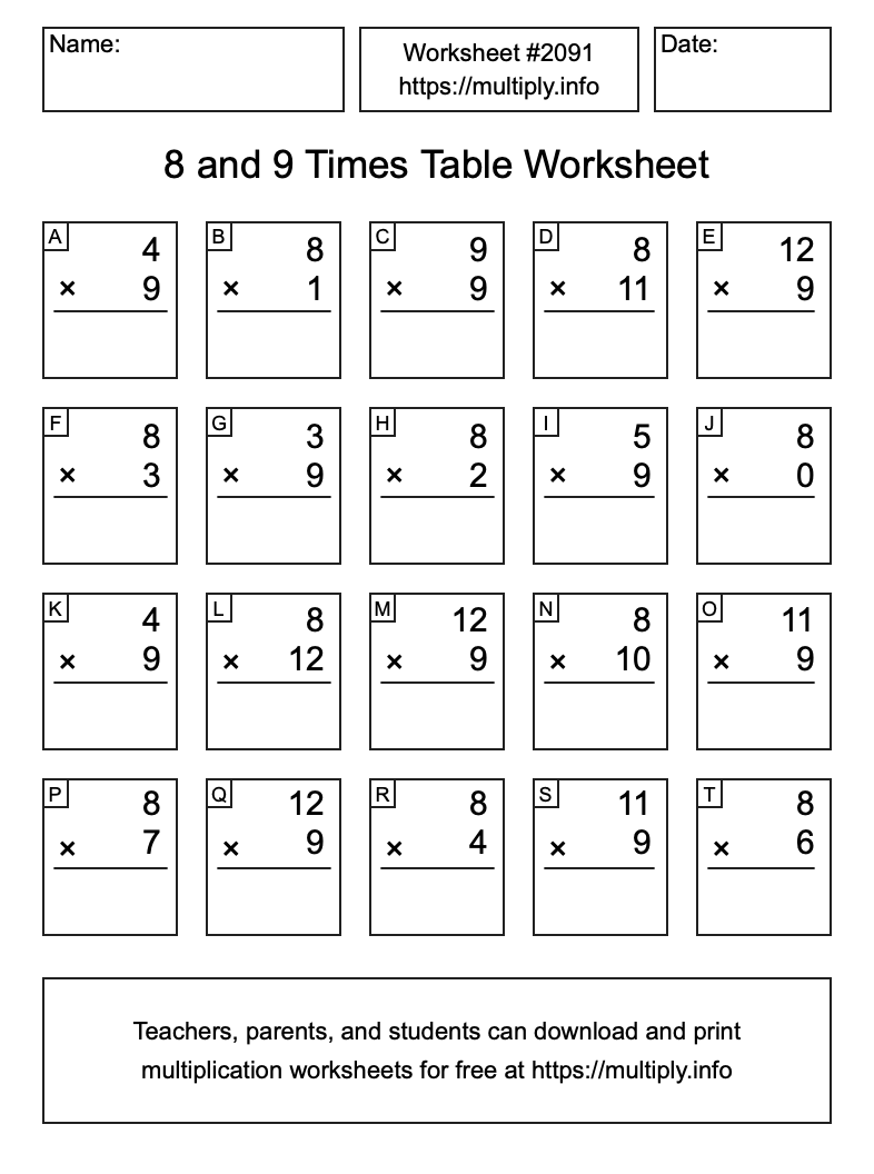 8 and 9 Times Table Worksheet #2091