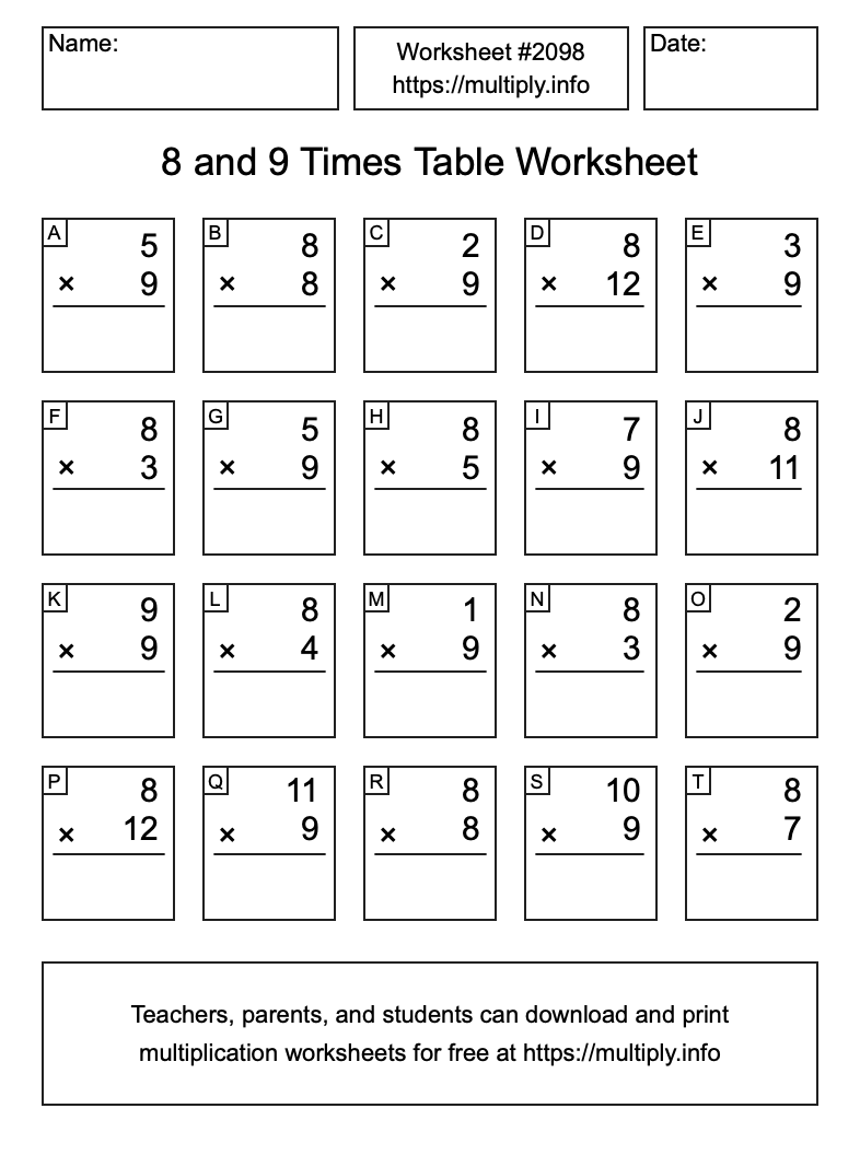 8 and 9 Times Table Worksheet #2098