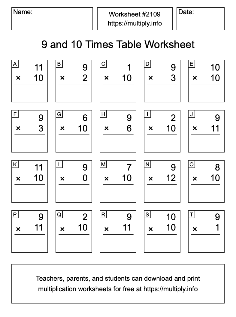 9 and 10 Times Table Worksheet #2109