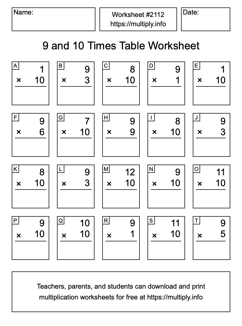 9 and 10 Times Table Worksheet #2112