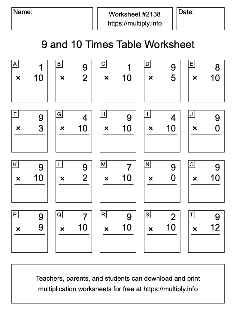 9 and 10 Times Table Worksheet #2138