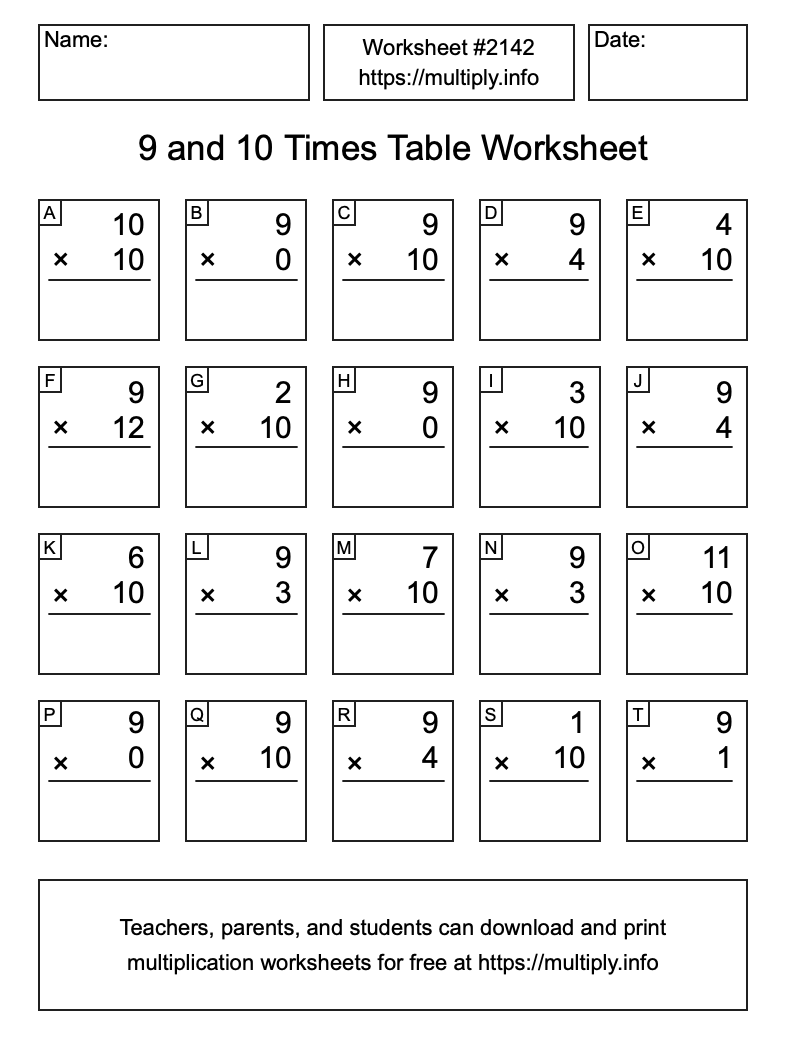 9 and 10 Times Table Worksheet #2142