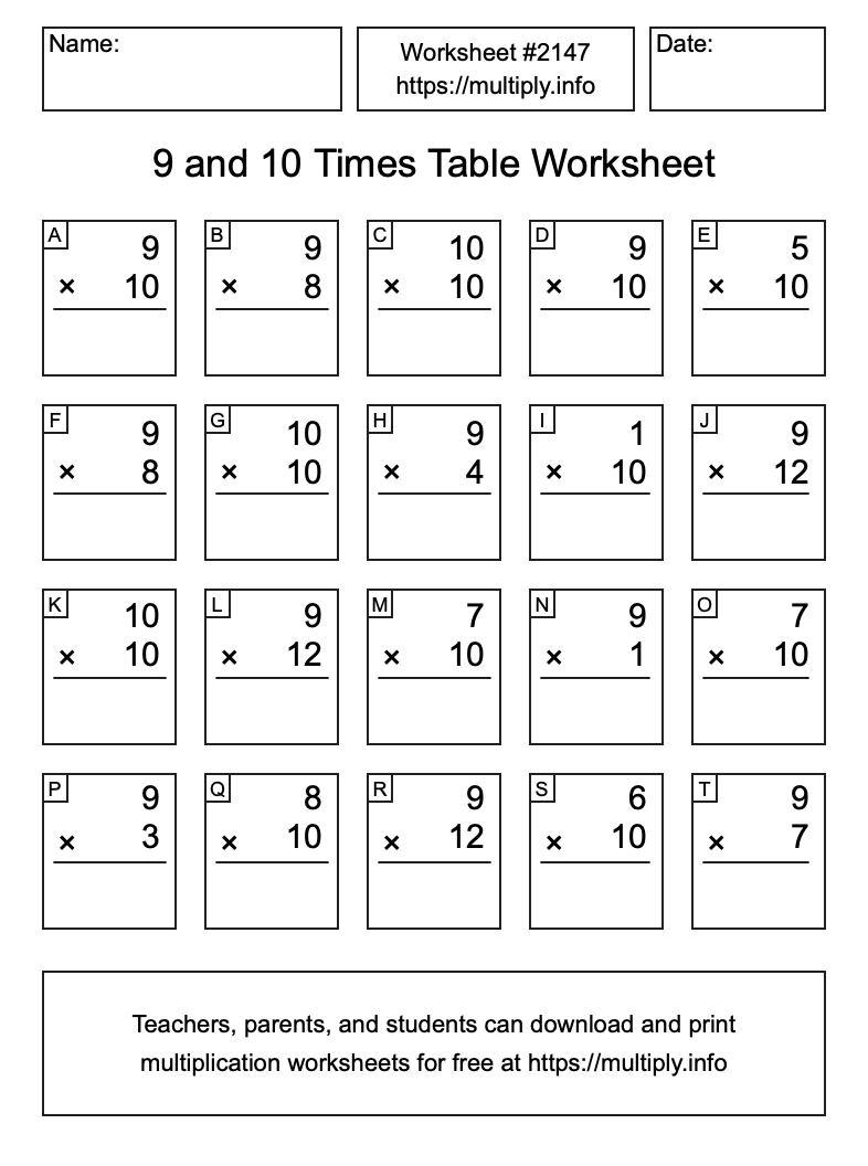 9 and 10 Times Table Worksheet #2147