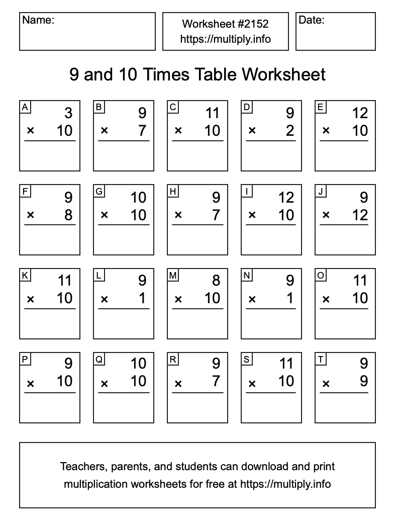 9 and 10 Times Table Worksheet #2152