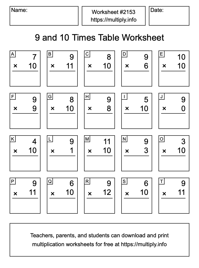9 and 10 Times Table Worksheet #2153