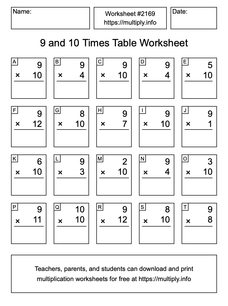 9 and 10 Times Table Worksheet #2169