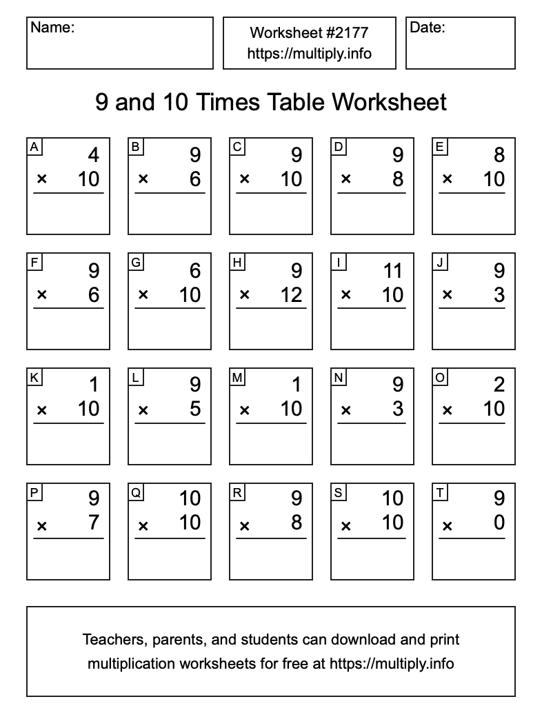 9 and 10 Times Table Worksheet #2177