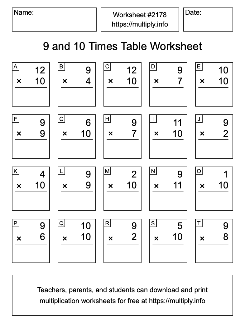 9 and 10 Times Table Worksheet #2178