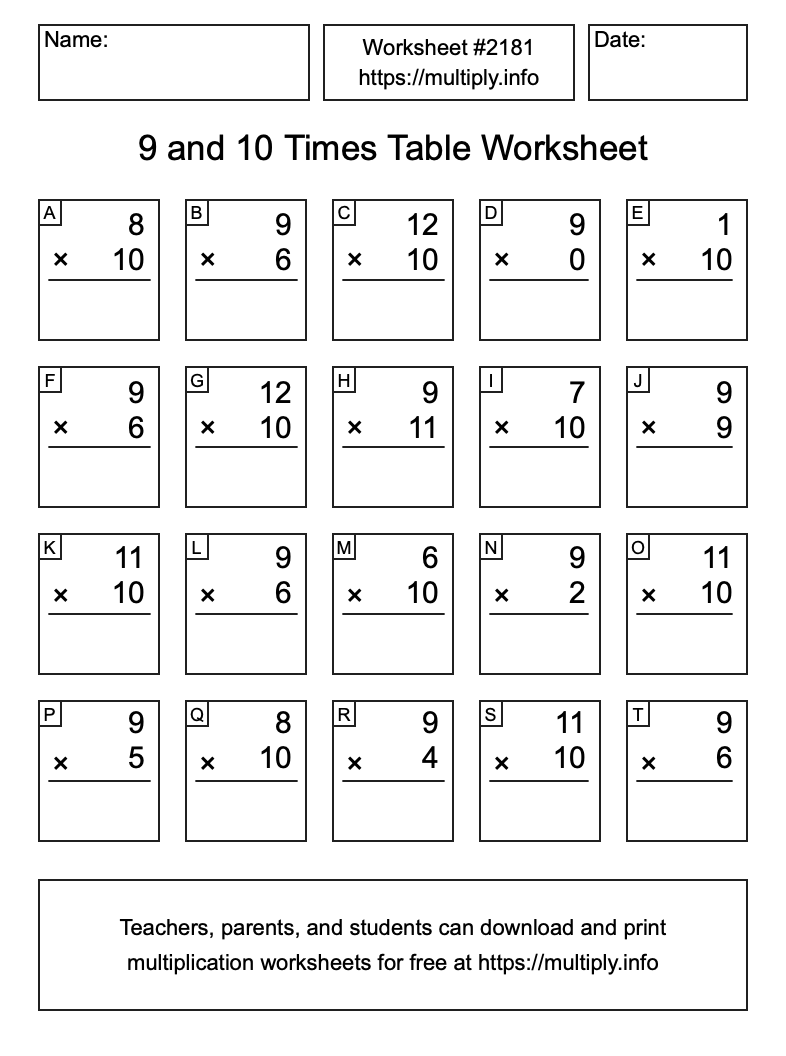 9 and 10 Times Table Worksheet #2181