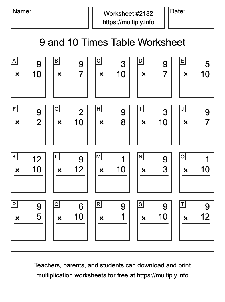9 and 10 Times Table Worksheet #2182