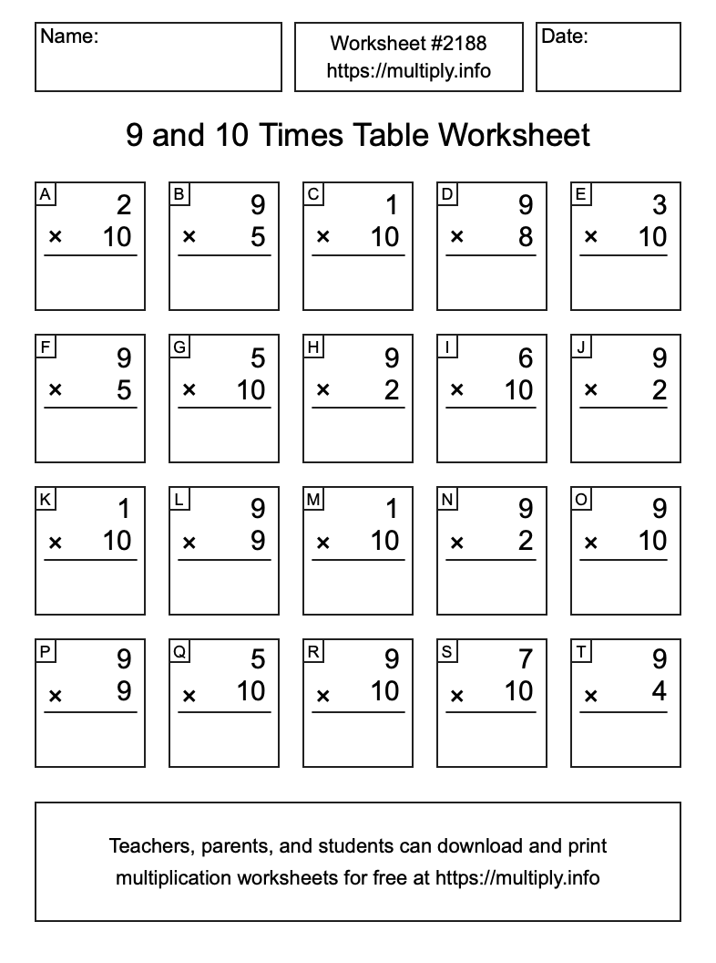 9 and 10 Times Table Worksheet #2188
