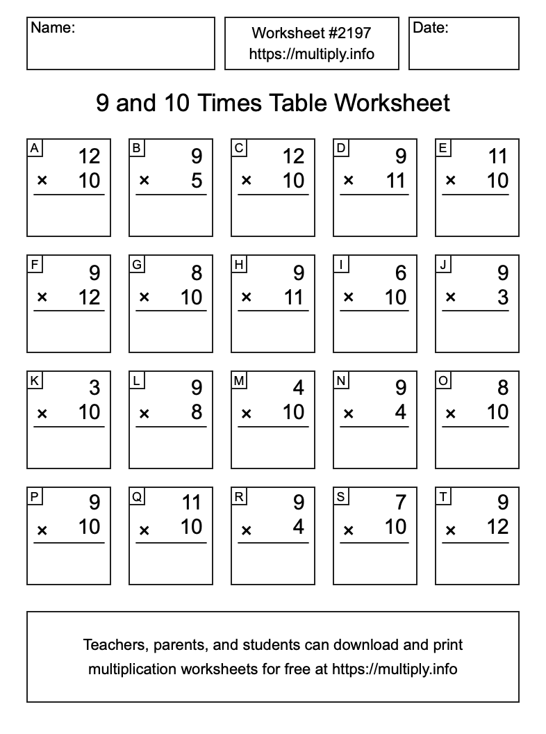 9 and 10 Times Table Worksheet #2197