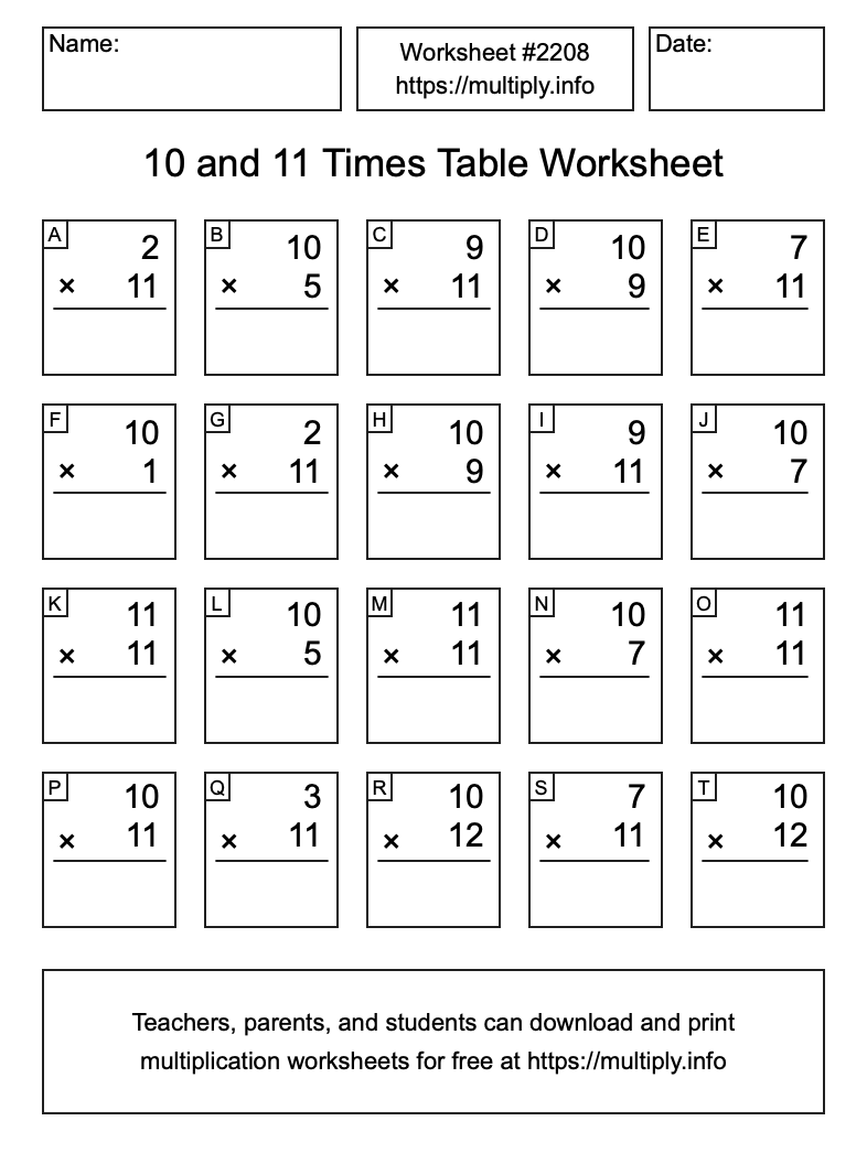 10 and 11 Times Table Worksheet #2208