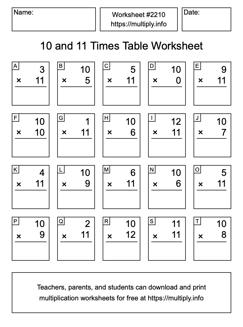 10 and 11 Times Table Worksheet #2210