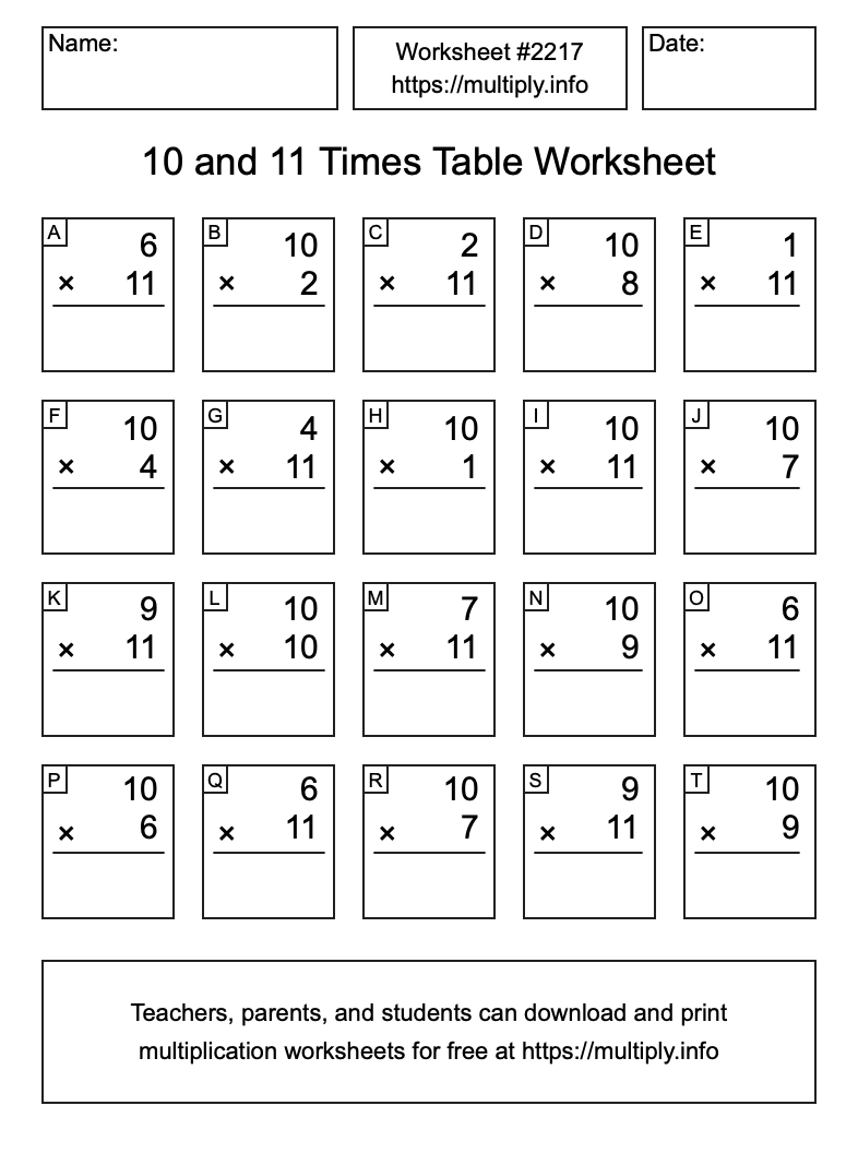10 and 11 Times Table Worksheet #2217