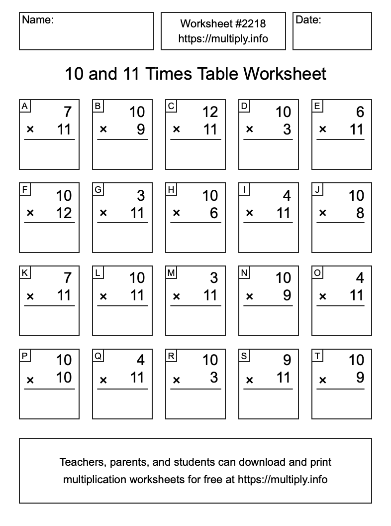 10 and 11 Times Table Worksheet #2218