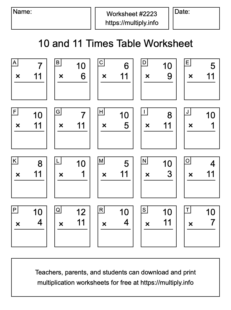 10 and 11 Times Table Worksheet #2223