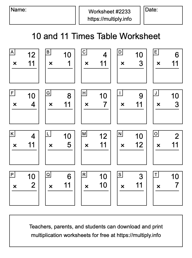 10 and 11 Times Table Worksheet #2233