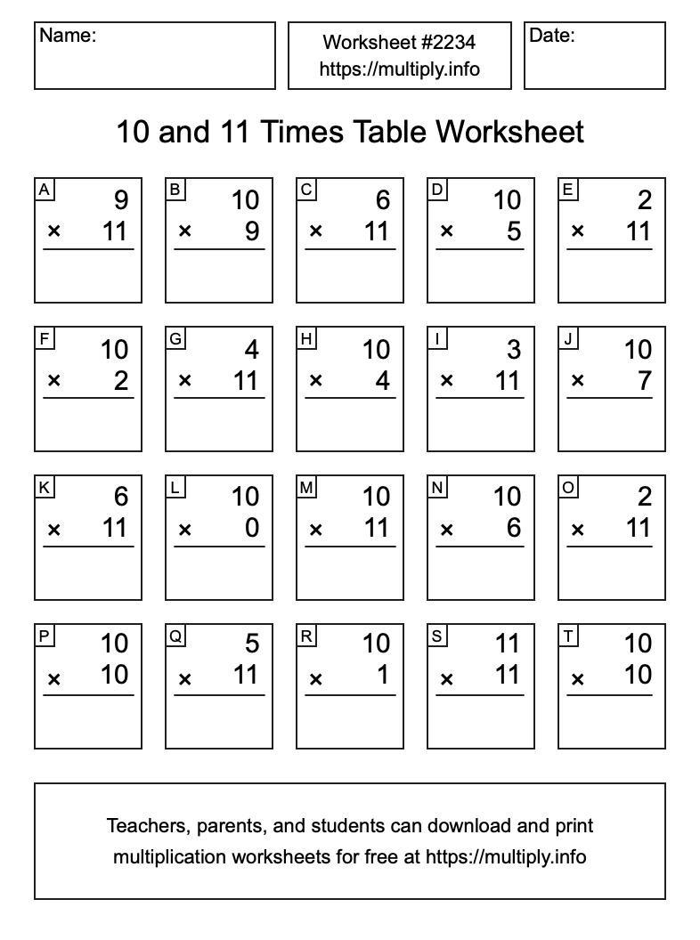 10 and 11 Times Table Worksheet #2234